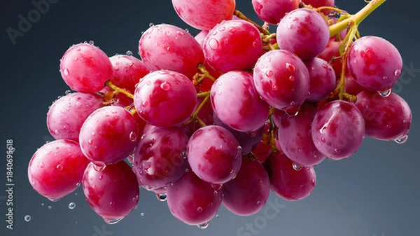 Fototapeta A close-up, studio shot of a cluster of fresh red grapes hanging against a dark grey gradient background. The grapes are vibrant red and purple in color, attached to a green stem, and are covered in n
