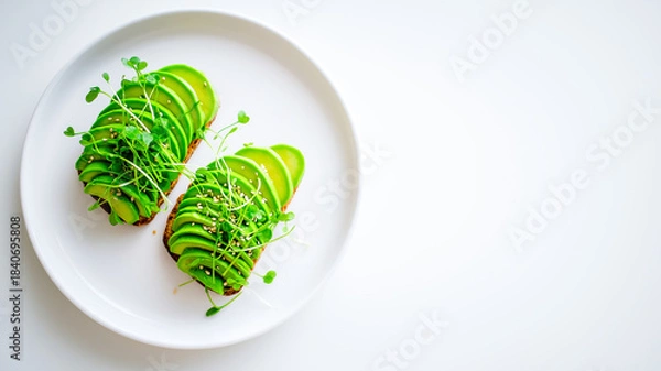 Fototapeta A top-down, flat lay photograph features two slices of toasted dark bread topped with fanned slices of fresh green avocado. The toast is garnished with delicate microgreens and sprinkled with white se
