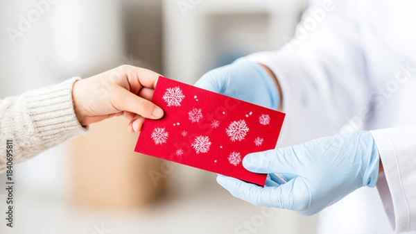 Fototapeta A close-up photograph showing the hands of a child patient giving a red Christmas card to a medical professional. The child, wearing a beige sweater, holds a red card adorned with white snowflake illu
