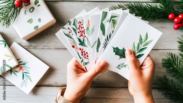 Fototapeta A top-down flat lay photograph showing a pair of hands holding a fanned-out set of white greeting cards featuring watercolor botanical illustrations of holly, berries, and pine leaves. The scene is se