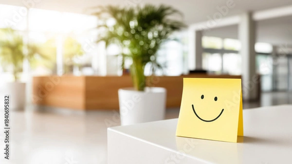 Fototapeta A close-up shot of a yellow sticky note with a simple black smiley face drawn on it, standing upright on a white surface. The background is a blurred, bright modern office or reception area featuring 
