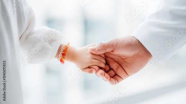 Fototapeta A close-up, horizontal photograph showing an adult hand gently holding a small child's hand. The adult, possibly a father or a doctor, has a large hand with fair skin and wears a clean white long-slee