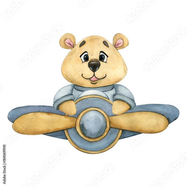 Fototapeta Cute Teddy Bear fly in Toy airplane. Watercolor illustration in blue and beige colors. Kids Toy Teddy Bear fly in Toy Plane. Kids clip art for nursery, kids goods, baby shower and children's room