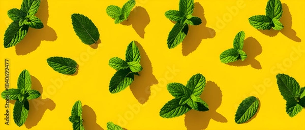 Fototapeta Seamless Fresh Mint Pattern on Yellow Background
