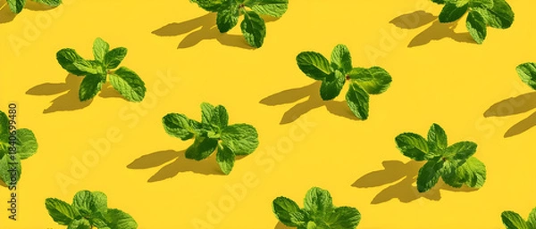 Fototapeta Seamless Fresh Mint Pattern on Yellow Background