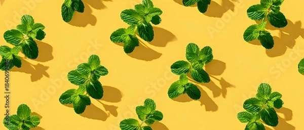 Obraz Seamless Fresh Mint Pattern on Yellow Background