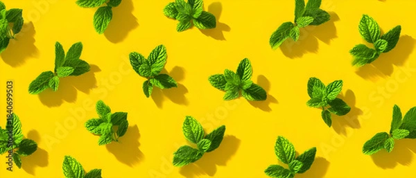 Fototapeta Seamless Fresh Mint Pattern on Yellow Background