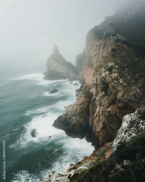 Fototapeta Massive coastal cliffs rise through ocean mist above crashing waves. A dramatic atmospheric seascape with soft light and a moody maritime feel