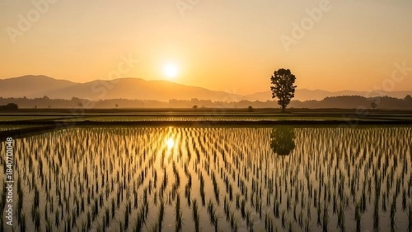 Obraz Golden Hour Sunrise over Tranquil Rice Paddy Field with Tree Reflection.