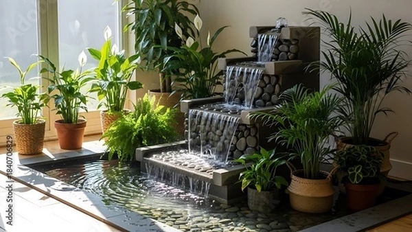 Obraz Indoor Water Fountain with Potted Plants Zen Home Decor Flowing Water for Serenity.