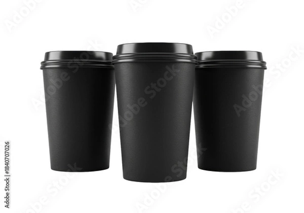 Fototapeta Hyper-realistic product photo of three identical, unbranded, glossy black takeaway coffee cups with white lids, perfectly aligned against a high-key studio white background. Minimalist packaging