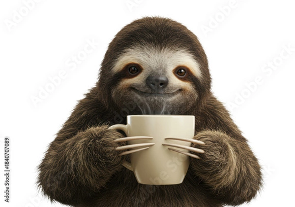 Fototapeta anthropomorphic mid-age sloth with volumetric multi-tonal fur gently cradles a steaming ceramic mug in a high-key white studio, concept of peaceful slow living