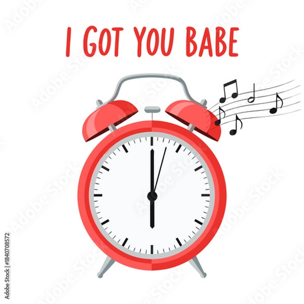 Obraz Red alarm clock with musical notes and the phrase "I Got You Babe", Groundhog Day, transparent background, isolated, vector  