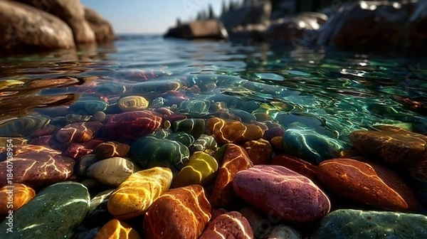 Obraz Clear river water over multicolored rounded stones images
