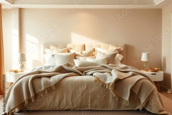 Obraz A warm and inviting bedroom scene, featuring a king-sized bed with soft, plush bedding. The bed is adorned with decorative pillows and surrounded by cozy throw blankets