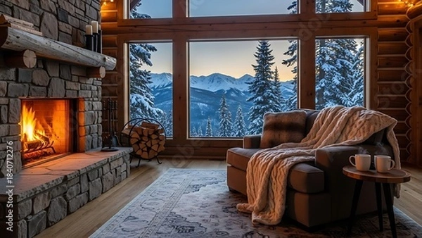 Obraz Warm Winter Cabin Interior Fireplace Glow Snowy Mountain View Cozy Lodge Retreat.