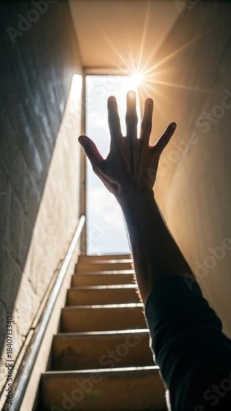 Obraz Aspiring hand reaching toward bright window light indoor staircase symbol of hope uplifting environment low angle view