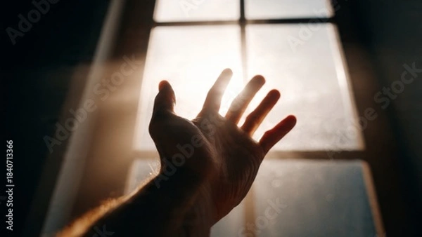 Obraz Hand reaching toward bright window light, symbol of aspiration, tall framing enhances upward direction.