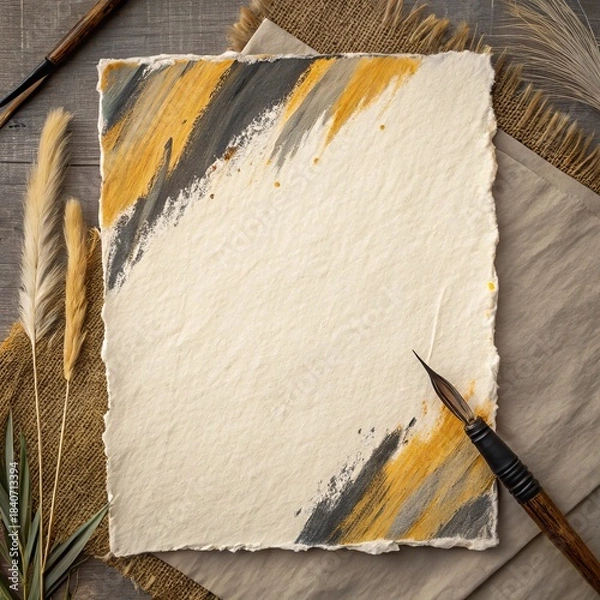 Obraz Artistic exploration of handmade paper backgrounds with charcoal and ochre strokes studio setup creative process