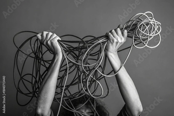Obraz Tangled cables representing confusion and chaos in a creative studio environment