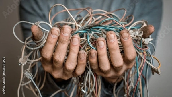 Obraz Hands holding tangled cables illustrating confusion in a chaotic layout studio environment horizontal view