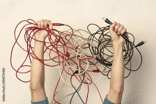 Obraz Hands holding tangled cables, symbolizing confusion, wide chaotic layout fits horizontal composition.