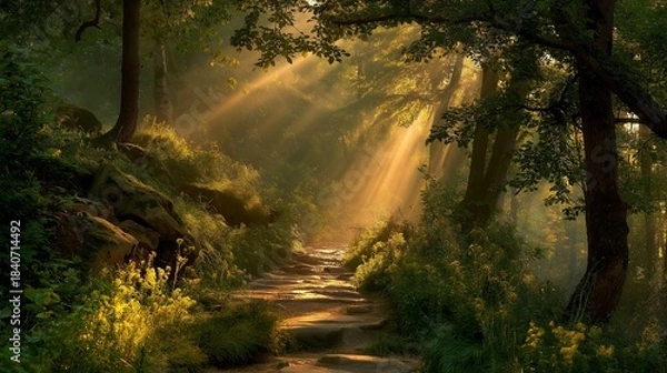 Obraz Sunlit path winds through lush forest