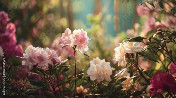 Obraz Sunlit garden path with blooming flowers