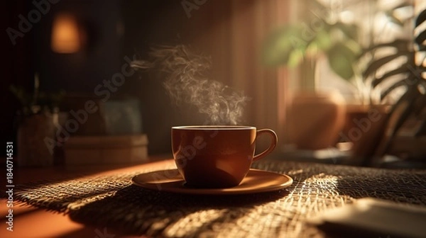 Obraz Steaming hot coffee cup in a sunlit, cozy, home setting