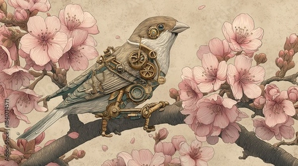 Obraz Steampunk bird per on cherry blossoms