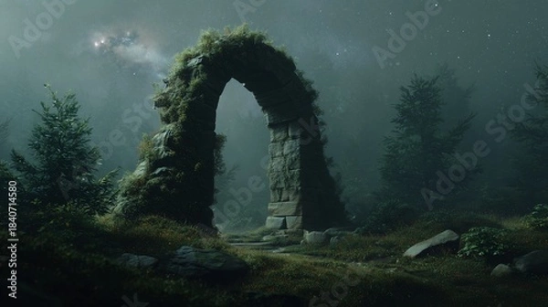 Obraz Ancient arch stands in misty forest