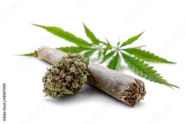 Obraz Medicinal Ganja Leaf and Rolled Joint Isolated on White Background