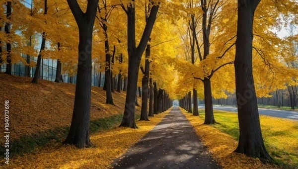 Obraz A path between trees with yellow leaves in autumn