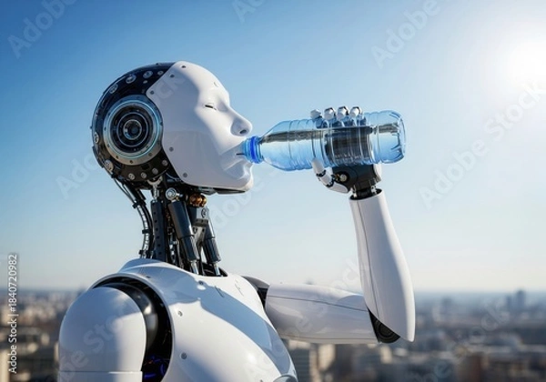 Obraz White Humanoid Robot Drinking Water Against Blue Sky