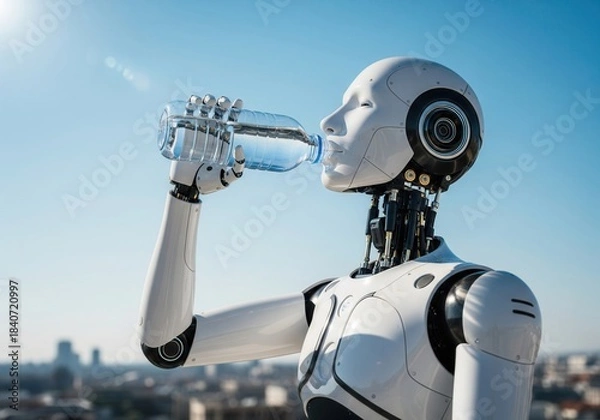 Obraz White Humanoid Robot Drinking Water Against Blue Sky