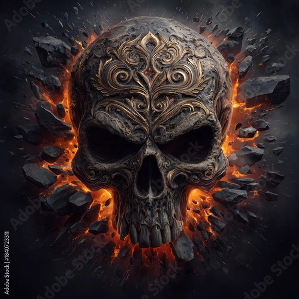 Obraz Wall Art Golden Biker Skull Breaking Through Shattered Steel with Fiery Explosions in Background