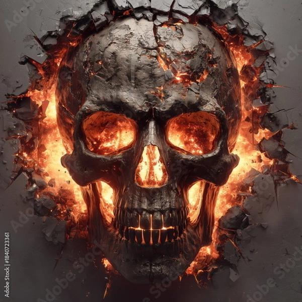 Obraz Wall Art golden biker skull breaking through steel with fire and explosions in background