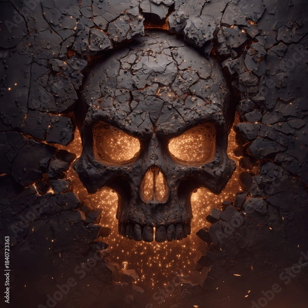 Obraz Wall Art Golden Biker Skull Breaking Through Shattered Steel with Fire and Explosions Background