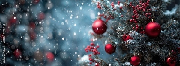 Obraz Snowy Christmas tree with red ornaments, festive winter holiday background with falling snow