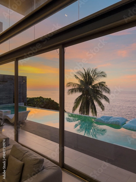 Fototapeta View from luxury villa at sunset, sun loungers for sunbathing, umbrellas from the sun, pillows for swimming in the pool, palm tree on background