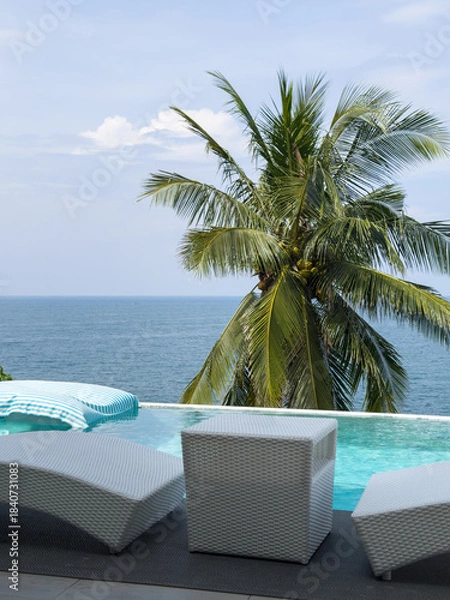 Fototapeta View from luxury villa at sunny day, sun loungers for sunbathing, umbrellas from the sun, pillows for swimming in the pool, palm tree on background