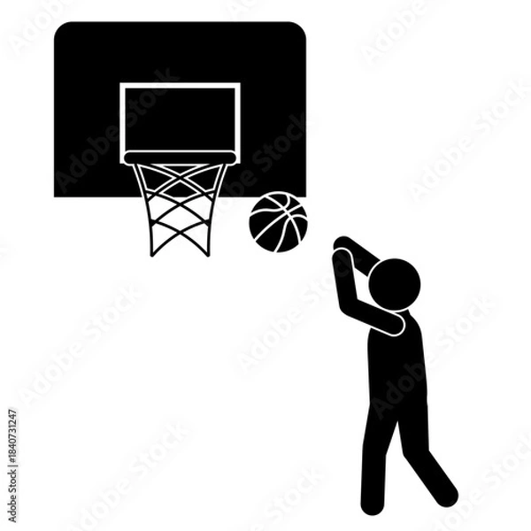Obraz バスケットボールをゴールに投げる人物のシルエットイラスト