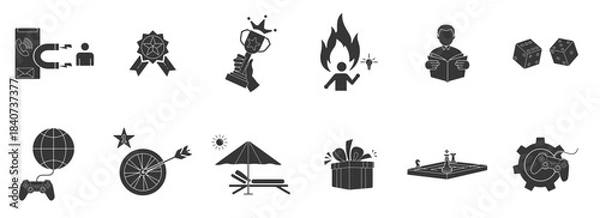 Fototapeta Illustration gamification glyph icons set includes user engagement, reward, achievement, motivation, learning, challenge, interactive game, target, leisure  with editable strokes and white background.