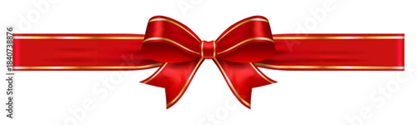 Fototapeta Red glossy bow with medium gold trim ribbon, decorative vector element for greeting cards, gift packaging, holidays and celebration layouts