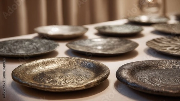 Fototapeta Decorative metallic plates with intricate designs arranged on a table, showcasing craftsmanship and artistry, perfect for cultural dining experiences and aesthetic home decor