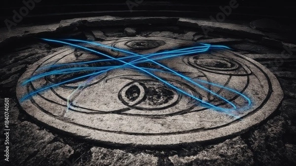Fototapeta Mystical stone circle with intricate carvings illuminated by ethereal blue light trails, symbolizing metaphysical concepts and esoteric practices in a spiritual atmosphere