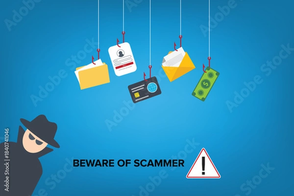Obraz Hacker, scammer committing digital cybercrime. Vector illustration	