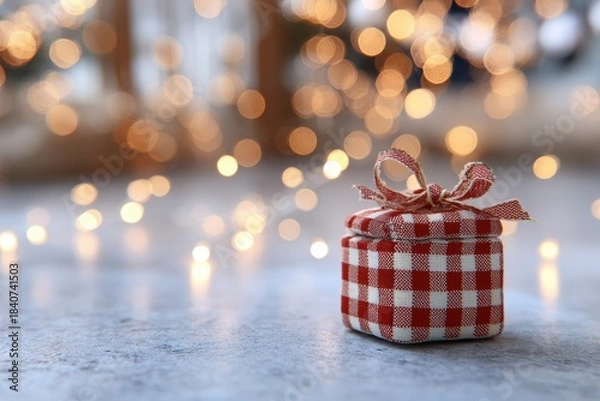 Fototapeta Small checkered red and white gift box sits on a textured surface with soft bokeh lights in the background, creating a festive atmosphere for New Year and Christmas celebrations