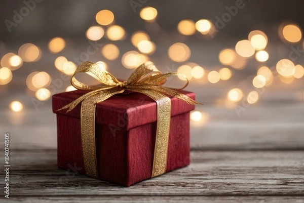 Fototapeta Square red gift box with golden ribbon sits on rustic wooden surface, surrounded by soft bokeh lights, evoking warmth and joy of New Year and Christmas celebrations