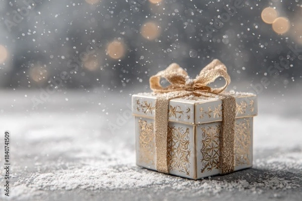 Fototapeta White gift box adorned with golden pattern and ribbon, resting on snowy surface, surrounded by soft bokeh lights, evoking festive New Year and Christmas spirit with copy space
